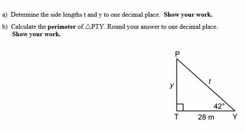 a) Determine the side lengths t and y to one decimal place. Show your work b) Calculate the perimet
