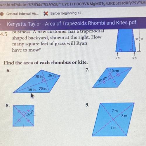 Find the area of each rhombus or kite.