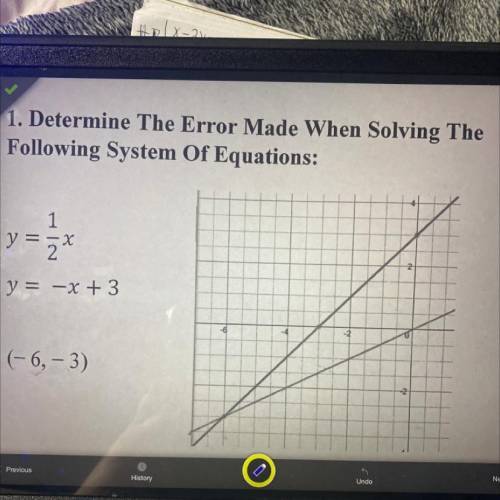1. Determine The Error Made When Solving The

Following System Of Equations:
Y=1/2x
Y=-x+3
(-6,-3)