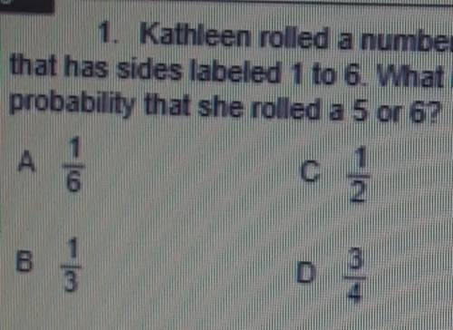 1. Kathleen roed a number Gube that has sides labeled 1 to 6at is the probability that she rolled a