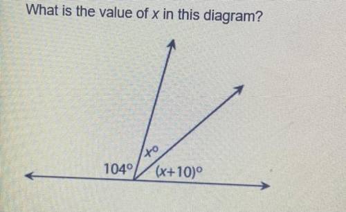 What is the value of x in this diagram?
to
104°
(x+10)