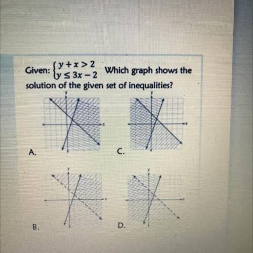 Given:

(y+x > 2
by s 3x - 2
Which graph shows the
solution of the given set of inequalities?
A
