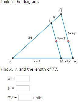 Find x, y, and the length of TV. Urgent!!