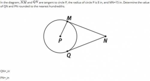 In the diagram, NM and QN are tangent to circle P, the radius of circle P is 8 in, and MN=15 in. D