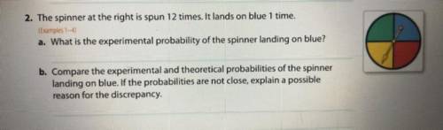 The spinner at the right is spun 12 times. It lands on blue 1 time.

What is the experimental prob