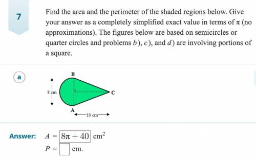 Find the area and perimeter of the shaded regions below. Give your answer as a completely simplifie