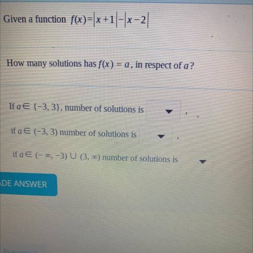 Given a function f(x)=|x+1|-|x -2|

How many solutions has f(x) = a, in respect of a?
If a E {-3,