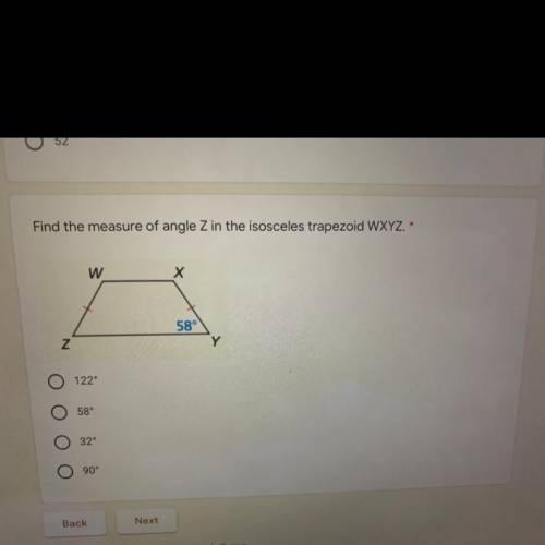 HELP PLZ ITS A QUIZ

Find the measure of angle Z in the isosceles trapezoid WXYZ 
AND CAN SOMEONE
