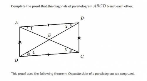 Complete the proof that the diagonals of parallelogram ABCD bisect each other.