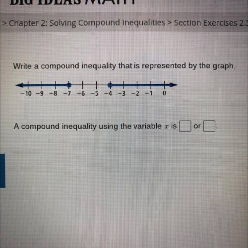 Write a compound inequality that is represented by the graph.

- 10 –9 -8 -7 -6 -5 -4 -3 -2 -1 0
A