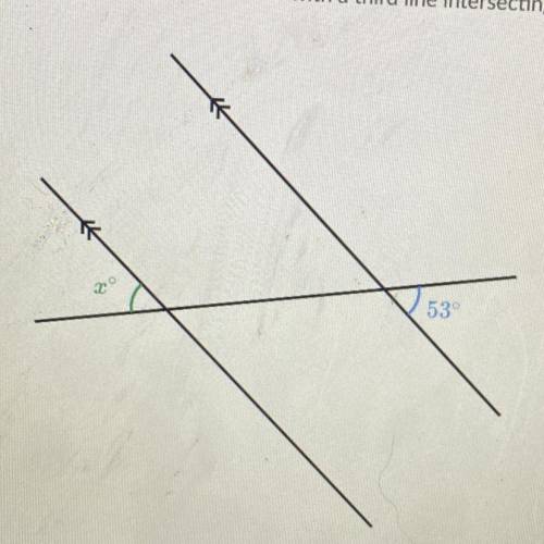 Below are two parallel lines with a third line intersecting them. 
x= ??°
