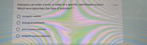 Pollutants can enter a body of water at a specific, identifiable location.

Which term describes t