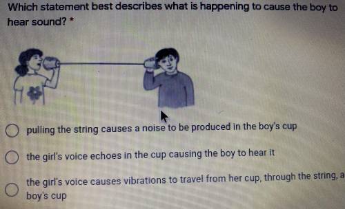 Which statement best describes what is happening to cause the boy to hear sound