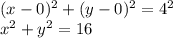 (x-0)^{2} +(y-0)^{2} = 4^{2} \\x^{2} +y^{2}=16