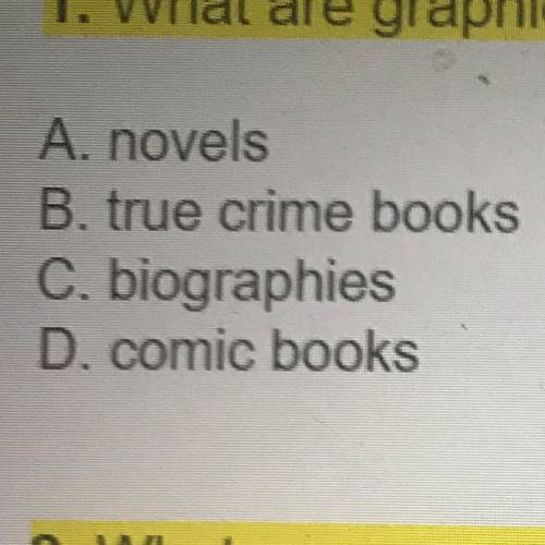 1. What are graphic novels descendants of?

A. novels
B. true crime books
C. biographies
D. comic