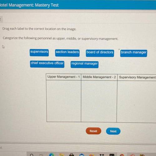 Hotel Management Mastery Test

2
Drag each label to the correct location on the image.
Categorize