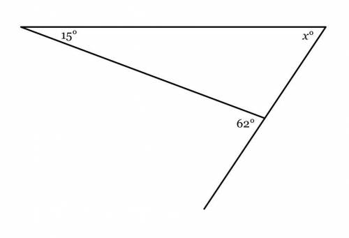 A side of the triangle below has been extended to form an exterior angle of 62°. Find the value of
