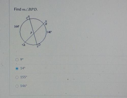 Geometry question pls help!!!

Find measure of angle BPDA-9 degrees B- 14 degrees C- 155 degrees D