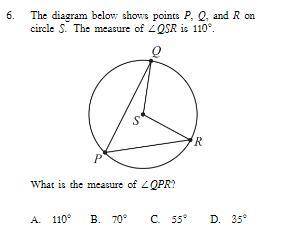 The diagram below shows points P,Q, and R on circle S. The measure of QSR is 110.
