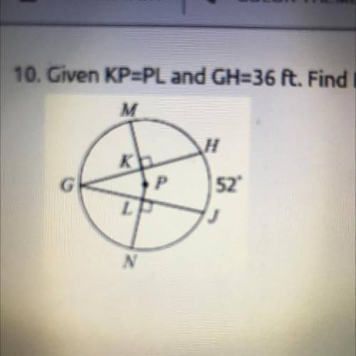 Find arc GM. KP=PL and GH=36