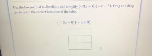 Use the box method to distribute and simplify ( – 3x + 6)(-x + 3). Drag and drop

the terms to the