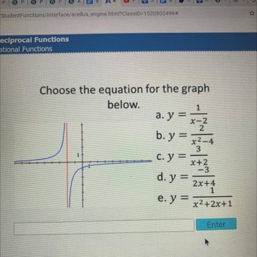 Choose the equation for the graph

below.
1
a.y =
X-2
2
x254
3
c. y =
x+23
d. y =
2x+4
e. y =
x2+2