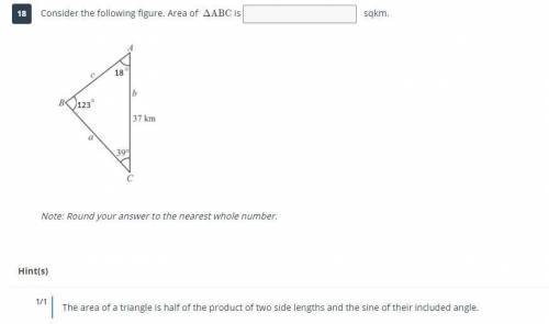 Consider the following figure. Area of ΔABC is ___ sqkm.

Note: Round your answer to the nearest w