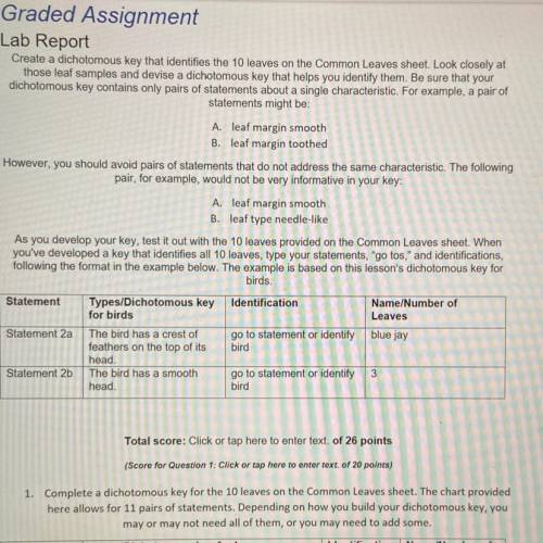 Graded Assignment

Lab Report
Create a dichotomous key that identifies the 10 leaves on the Common