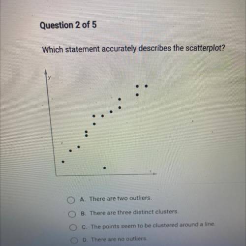 Which statement accurately describes the scatterplot?

У
:.
.
A. There are two outliers.
B. There