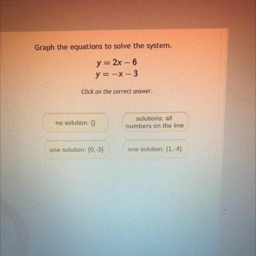 Graph the equations to solve the system.

y = 2x - 6
y = -x-3
Click on the correct answer.
no solu