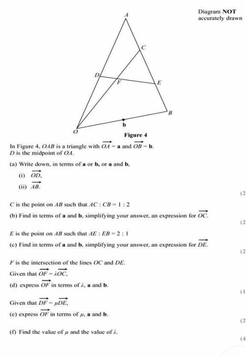 In Figure 4, OAB is a triangle with OA = a and OB = b. D is the midpoint of O4.

(a) Write down, i