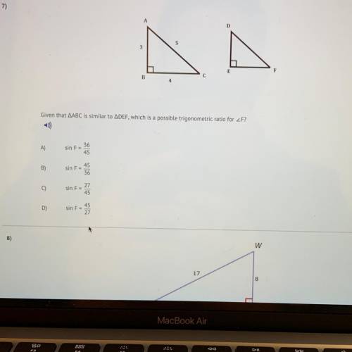Given that ABC is similar to DEF, which is a possible trigonometric ratio for angle F?