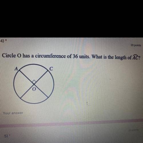 Circle O has a circumference of 36 units. What is the length of AC?
Your answer
