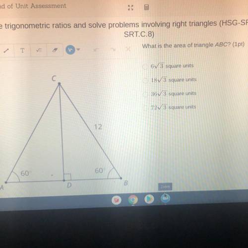 SRT.C.8)

What is the area of triangle ABC? (1pt)
T
✓
63 square units
1873 square units
36V
3 squa