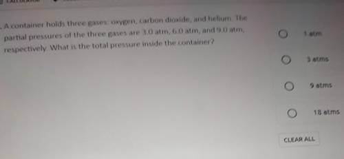 A container holds three gases: oxygen, carbon dioxide, and helium. The partial pressures of the thr