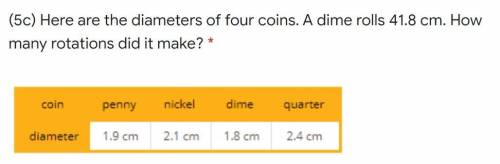 Here are the diameters of four coins. A dime rolls 41.8 cm. How many rotations did it make?

Will