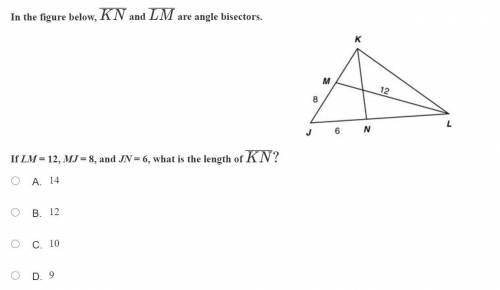 In the figure below, line KN and line LM are angle bisectors. If LM=12, MJ=8, and JN=6, what is the