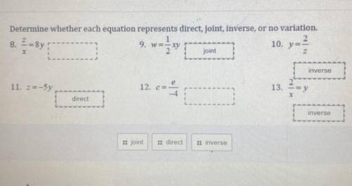 Determine whether each equation represents direct, inverse, or joint variation.

(I just need #8 a