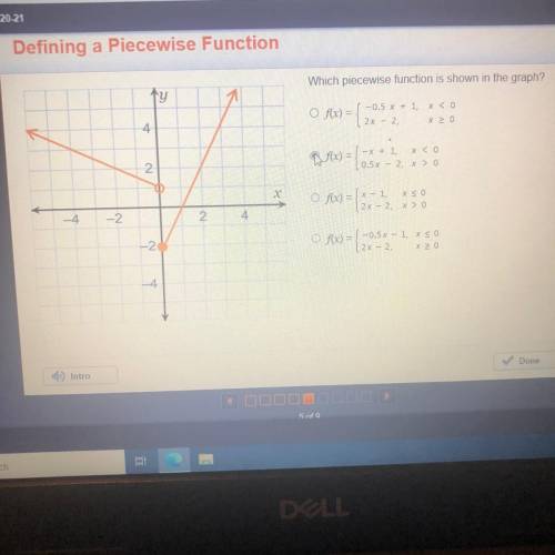 Which piecewise function is shown in the graph?

y
4.
Of(x) = -0,5 x + 1, *< 0
x zo
- 2x - 2,
)