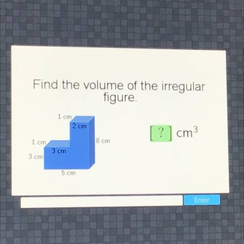 Find the volume of the irregular

figure.
1 cm
2 cm
? ]cm3
8 cm
1 cm
3 cm
3 cm
5 cm
What is the an