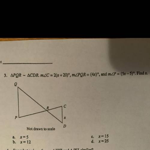 NEED HELP QUICK!!! ∆PQR ~ ∆CDR. m∠C = 2(x +20)º, m∠PQR = (4x), and m∠P = (5x - 5)º. Find x.