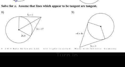 Solve for x assume that lines wich appear to be tangent are tangent, please HELPP don't do it just