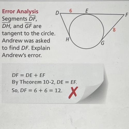 Segments DF, DH, and GF are tangent to the circle. Andrew was asked to find DF. Explain andrew's er