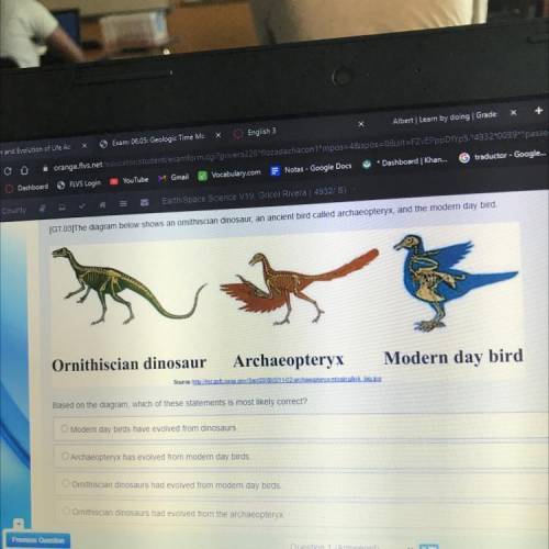 [GT.03]The diagram below shows an omithiscian dinosaur, an ancient bird called archaeopteryx, and t