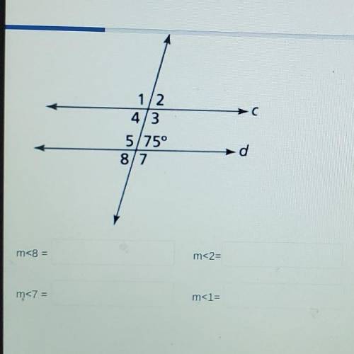 In the figure, c // d. What are the measures of <1 and <2? Enter your answers in the boxes. J