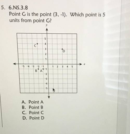 Point G is the point (3,-1). Which point is 5

units from point G?
11
3
*D
2
1
1 2
3 4 5
-5-4-3-2-