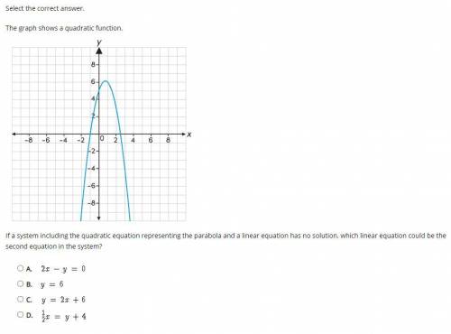 PLEASE ANSWER ASAP!!!

The graph shows a quadratic function.
If a system including the quadratic e