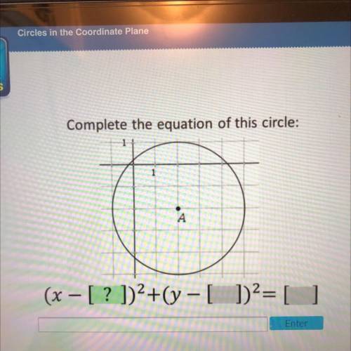 Complete the equation of this circle:
(x - [ ? ])2+(y - [ ])2= []