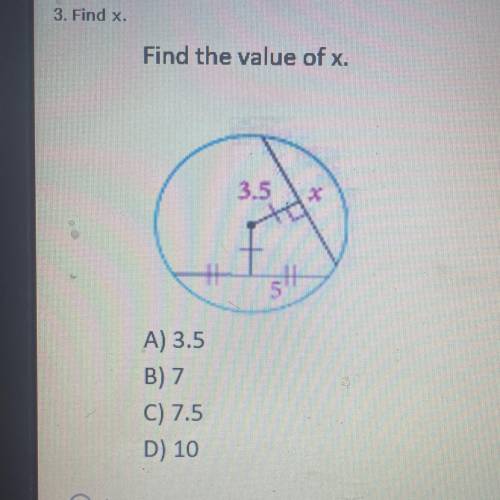 PLS HELP! DUE TODAY AND WILL MARK BRAINLIEST

3. Find x.
Find the value of x.
A) 3.5
B) 7
C) 7.5
D