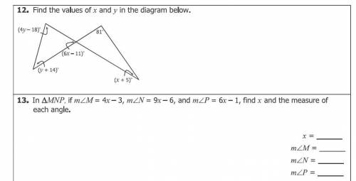 Find the values of x and y in the diagram below.